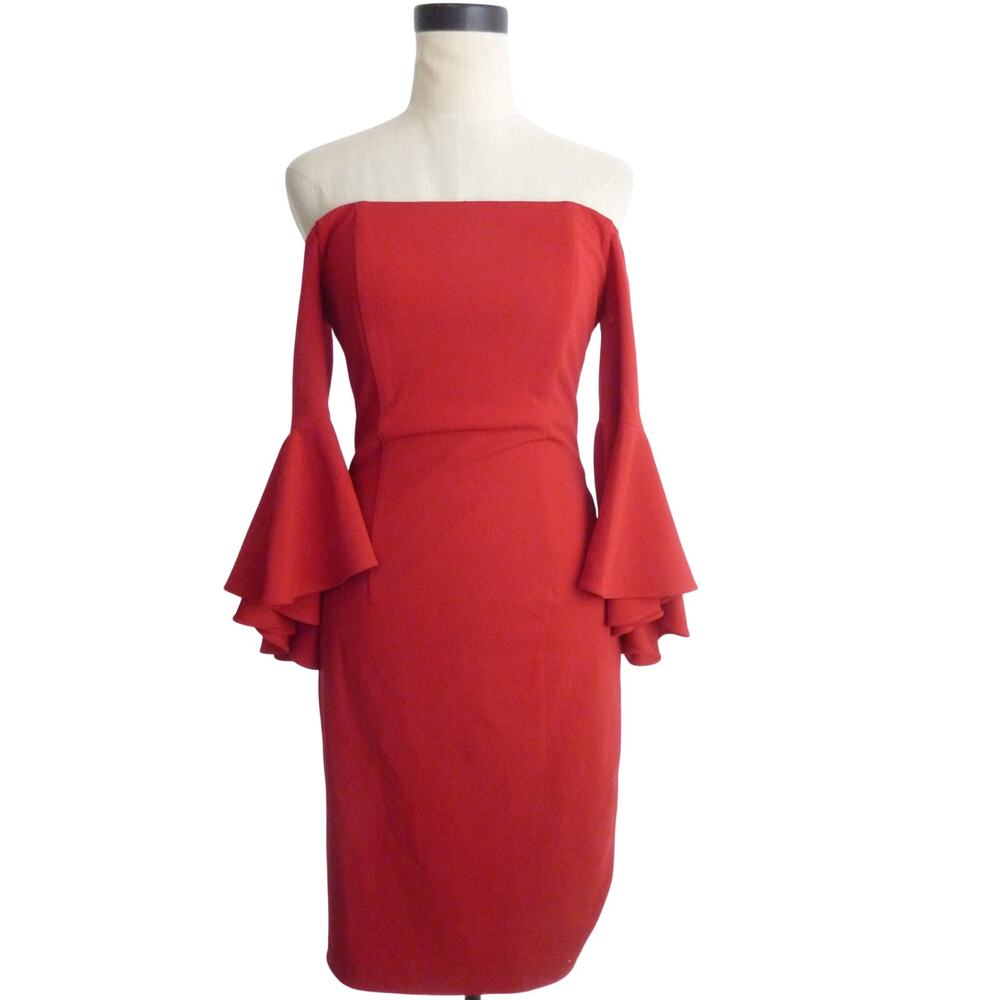 Calvin Klein Womens Red Off Shoulder Cocktail Dress Size 2 Polyester Bell Sleeve
